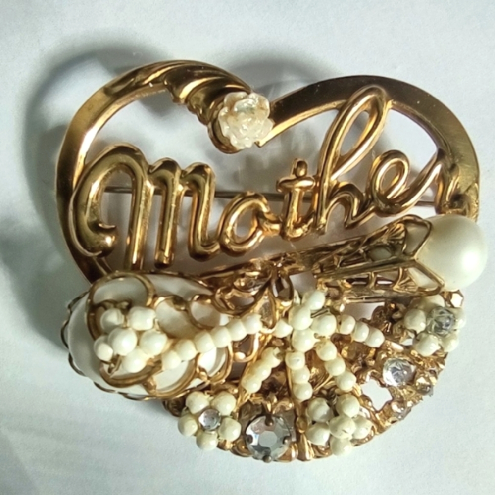 Vintage "Mother" Script Goldtone & Cream Brooch Modified Design